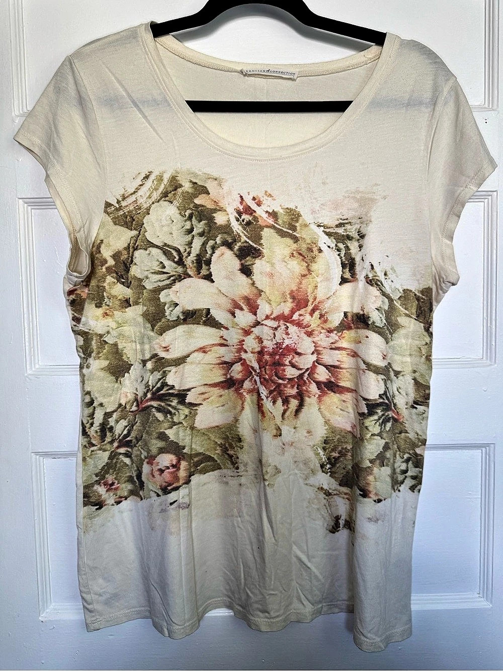 Peruvian Connection Floral Short Sleeve Tee in Cream & Green Pima Cotton Large